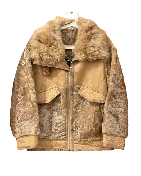 古銅色羊皮毛一體大衣外套